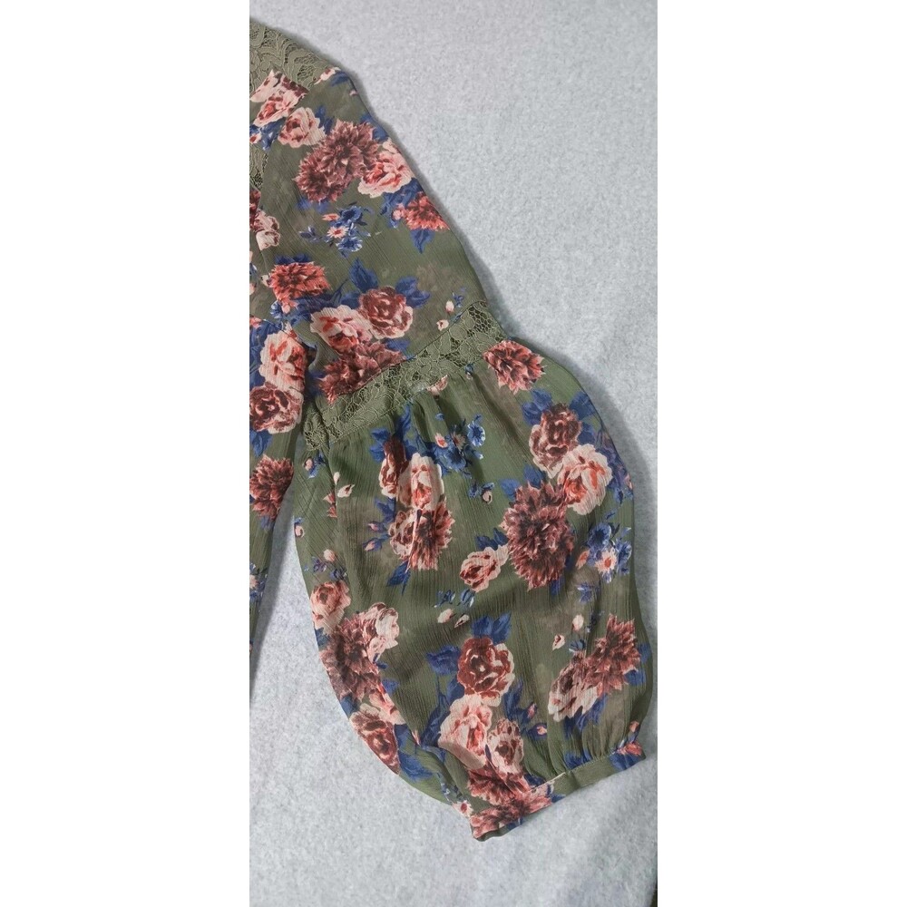 Torrid Chiffon Peasant Lace Inset Long Sleeve Blouse 1 Green Floral Cottagecore - Picture 7 of 13